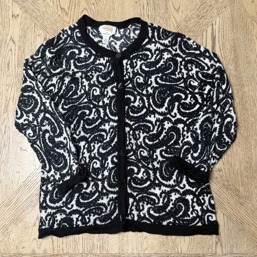 Talbots XL Black White Paisley Print Merino Wool Button FrontCardigan Sweater - Picture 1 of 9